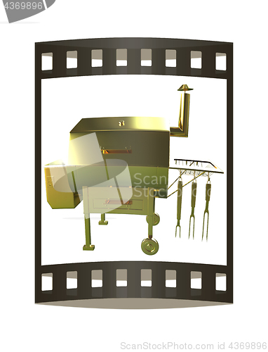 Image of Gold BBQ Grill. 3d illustration. The film strip.