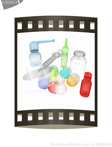 Image of Syringe, tablet, pill jar. 3D illustration. The film strip.