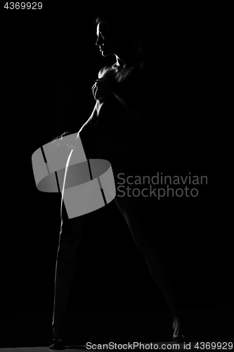 Image of Black and white silhouette of young, sporty and sexy woman in lingerie