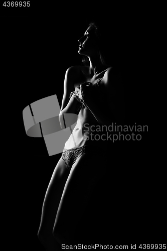 Image of Black and white silhouette of young, sporty and sexy woman in lingerie