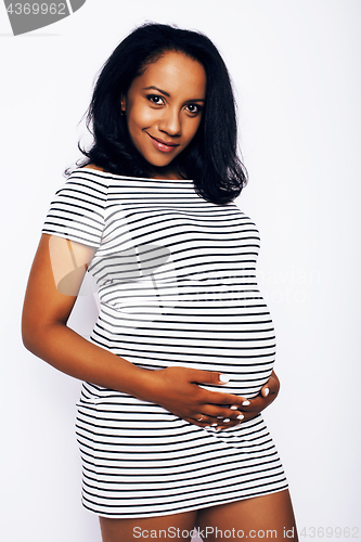 Image of young pretty african american woman pregnant happy smiling, posing on white background isolated , lifestyle people concept copyspace 