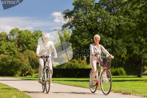 Image of happy senior couple riding bicycles at summer park