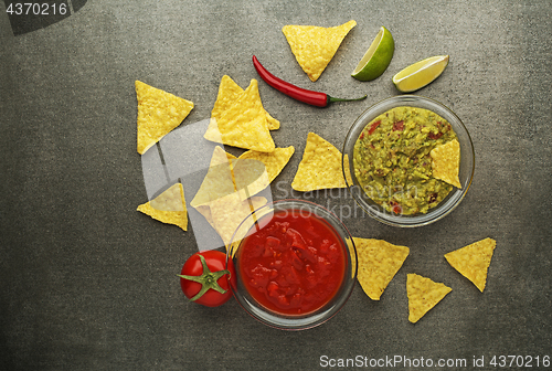 Image of Avocado guacamole and tomato salsa