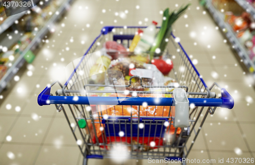 Image of food in shopping cart or trolley at supermarket