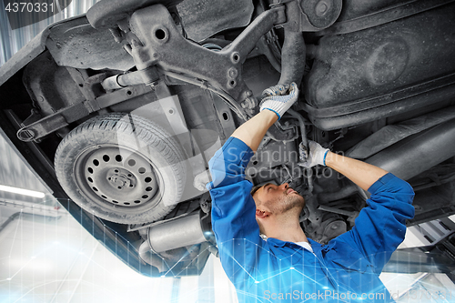 Image of mechanic man or smith repairing car at workshop