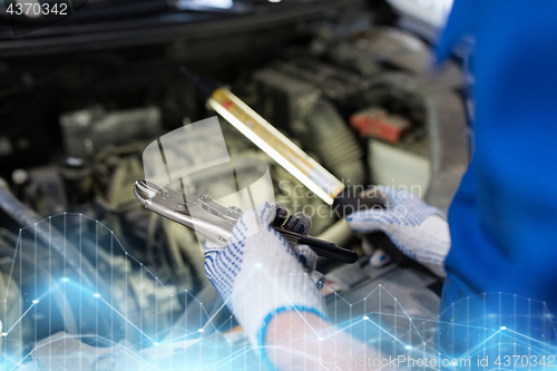 Image of mechanic man with pliers repairing car at workshop