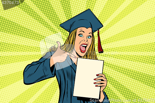 Image of Female graduate points a finger at