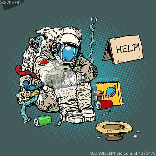 Image of Crowdfunding concept. A poor homeless astronaut asks for money