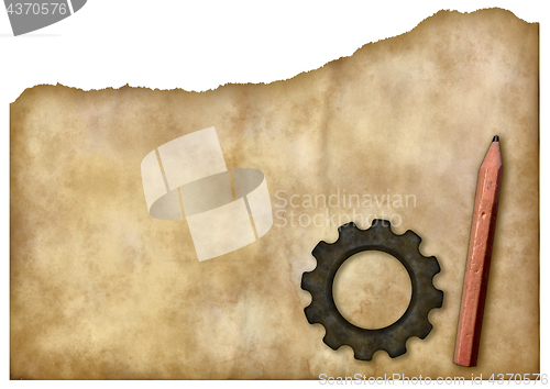 Image of gear wheel and pen on grunge background