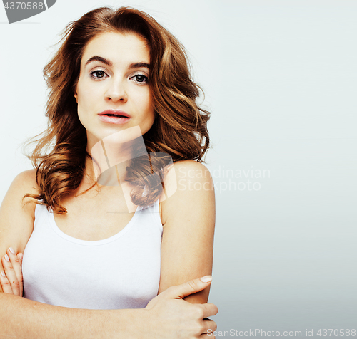 Image of young pretty brunette woman emotional posing, happy smiling isol