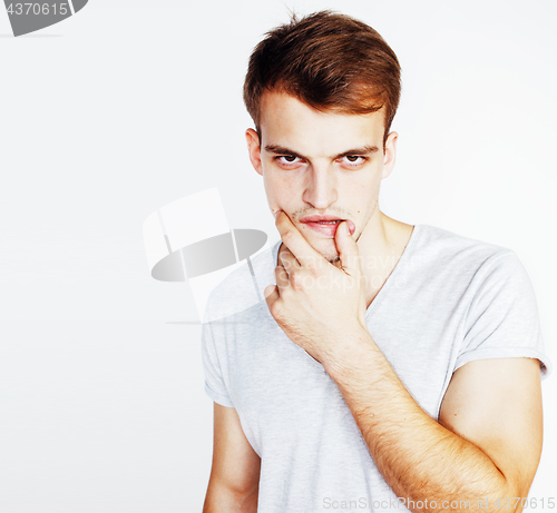 Image of young handsome teenage hipster guy posing emotional, happy smiling against white background isolated, lifestyle people concept 