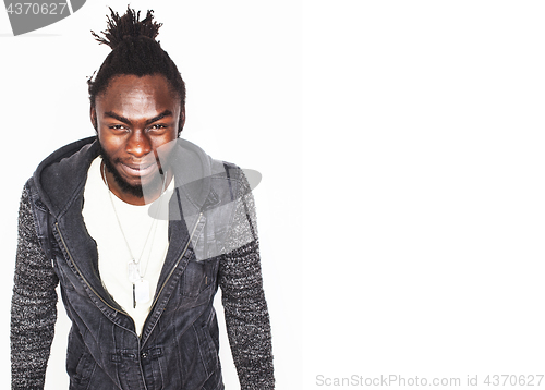 Image of young handsome afro american boy  stylish hipster gesturing emotional isolated on white background smiling, lifestyle people concept 