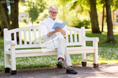 Image of happy senior man reading book at summer park