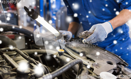 Image of mechanic man with pliers repairing car at workshop