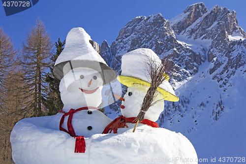 Image of Two big snowmen at the Sexten ski resort in Italy