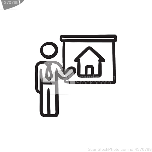 Image of Real estate agent showing house sketch icon.