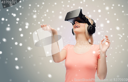 Image of woman in virtual reality headset or 3d glasses