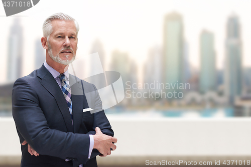 Image of Senior businessman in front of the big city