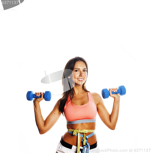 Image of young pretty slim woman with dumbbell isolated