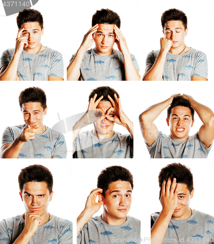 Image of collage of different mens emotions, young guy posing emotional, 