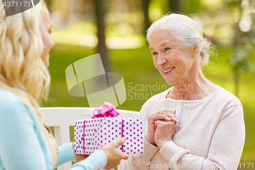 Image of daughter giving present to senior mother at park