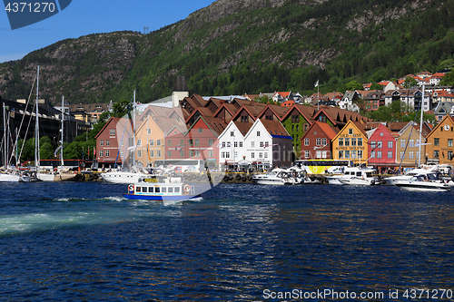 Image of BERGEN HARBOR, NORWAY - MAY 27, 2017: Private boats on a row alo