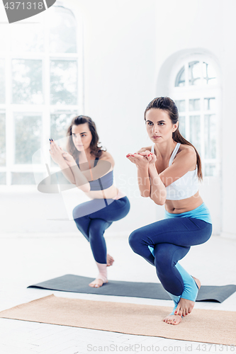 Image of Studio shot of a young women doing yoga exercises on white background