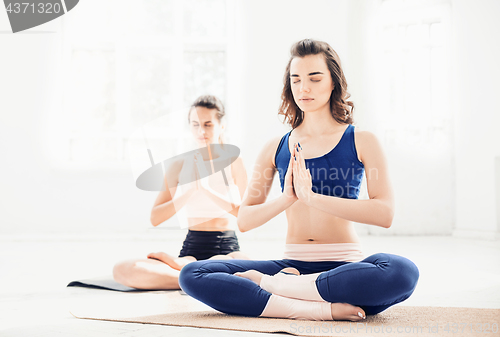 Image of Studio shot of a young women doing yoga exercises on white background