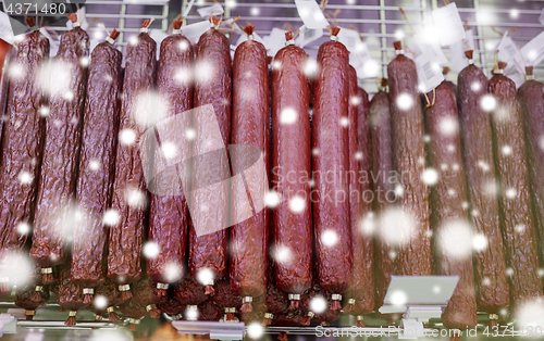 Image of salami sausage at grocery store stall