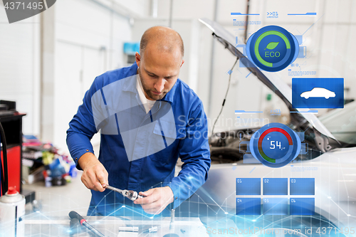 Image of mechanic man with wrench repairing car at workshop