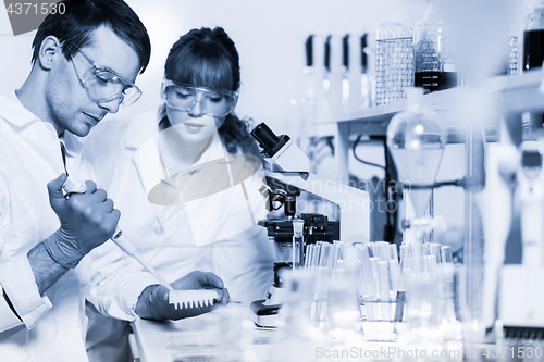 Image of Health care professionals microscoping in scientific laboratory.
