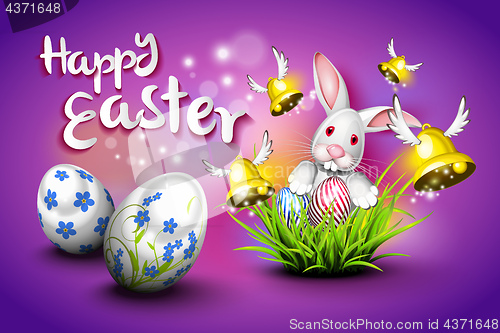 Image of Happy Easter, eggs, bells and rabbit