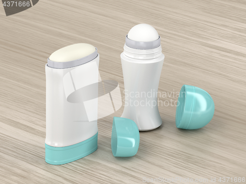 Image of Antiperspirant deodorants on wood background