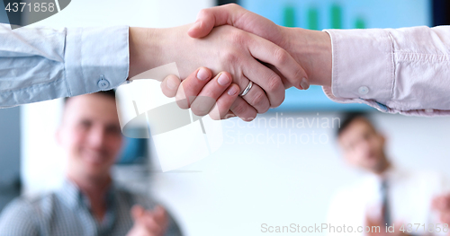 Image of cloasing the deal in modern office interior