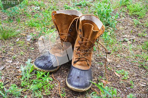 Image of Pair of wet hunting boots on glade in forest