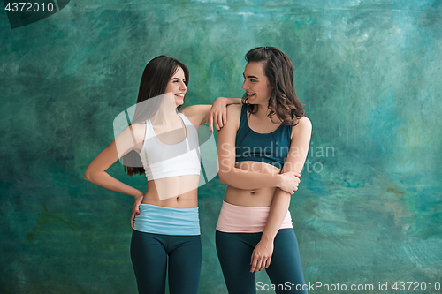 Image of Two young sporty women posing at gym.