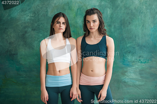 Image of Two young sporty women posing at gym.