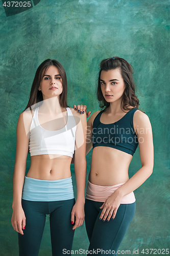 Image of Two young sporty women posing at gym.