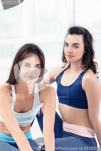 Image of Two young sporty women posing at gym.