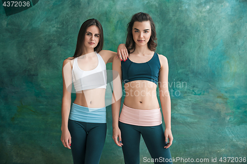 Image of Two young sporty women posing at gym.