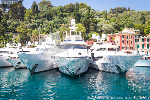 Image of Portofino, Italy - Summer 2016 - Three luxury Yacht