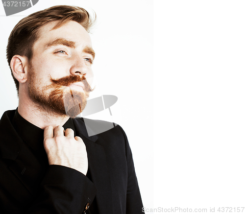 Image of young red hair man with beard and mustache in black suit on white background