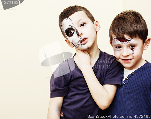 Image of zombie apocalypse real kids concept. Birthday party celebration facepaint on children dead bride, scar face, zombie skeleton together close up makeup emotional posing.