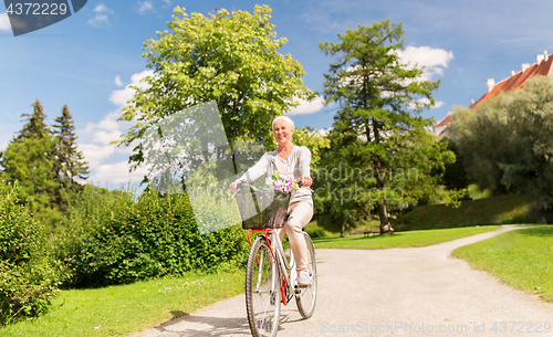 Image of happy senior woman riding bicycle at summer park