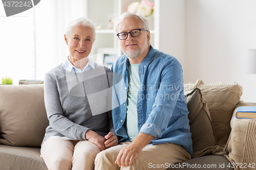 Image of happy senior couple sitting on sofa at home