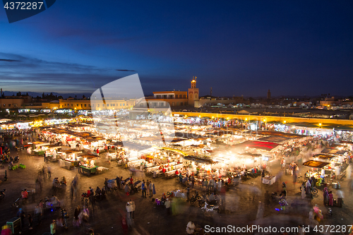 Image of Jamaa el Fna market square at dusk, Marrakesh, Morocco, north Africa.