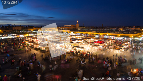 Image of Jamaa el Fna market square at dusk, Marrakesh, Morocco, north Africa.