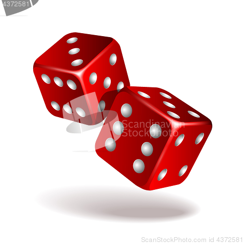 Image of Two red falling dice isolated on white.