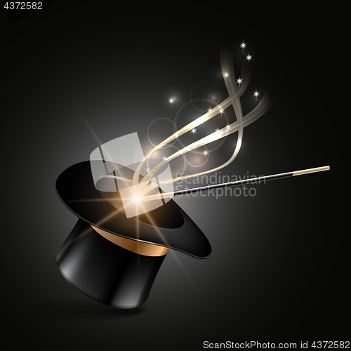 Image of Magic hat and wand with magical gold sparkle trail