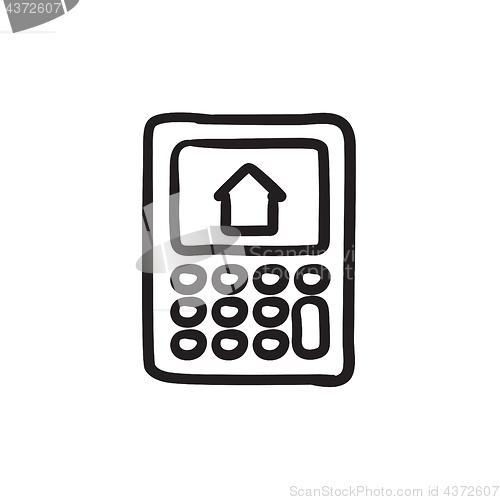 Image of Calculator with house on display sketch icon.